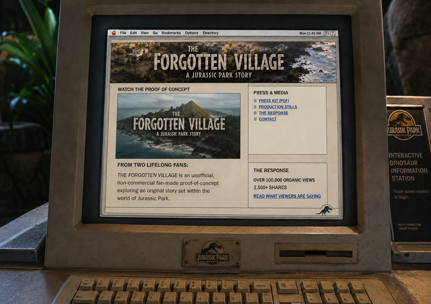 A weathered park computer kiosk showing The Forgotten Village website.